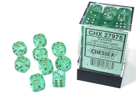 Chessex - Borealis 12mm D6 Dice Block - Luminary Light Green & Gold Dice Block