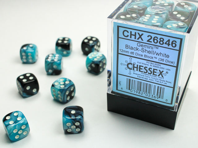 Chessex - Gemini 12mm D6 Dice Block - Black & Shell w/White