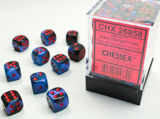 Chessex - Gemini 12mm D6 Dice Block - Black & Starlight w/Red