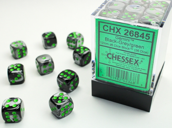 Chessex - Gemini 12mm D6 Dice Block - Black& Grey w/Green